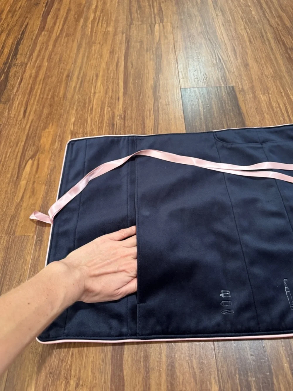 Dyson Velvet Folding Makeup Bag, Travel bag Black/Pink Trim, Pockets 16x12x1 in
